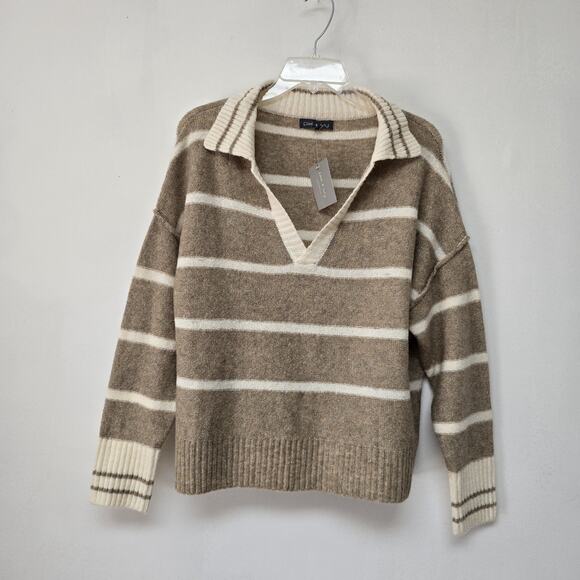 Pixi + Ivy Small Sweater Polo Top Brown Cream Stripe Stretch Prep School NWT - Picture 1 of 10